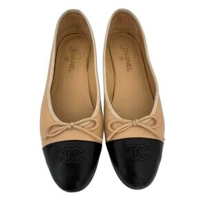 Chanel Lambskin Cap Toe Ballerinas Flats Beige/Black Leather EU 42 Authentic